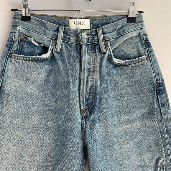 Agolde Riley Medium Wash Distressed High Rise Straight Jeans 24 - Picture 6 of 14